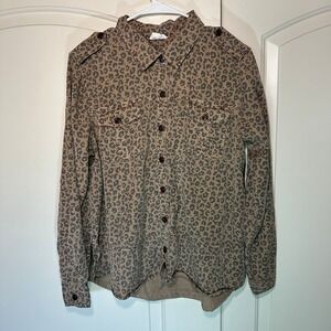 TRIBAL JEANS Oversized Button-Up Shirt Top LEOPARD BROWN Soft Tencel Twill Large